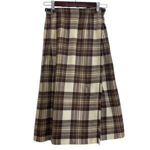 Vintage Kilt Womens XS Brown Cream Tartan Plaid Wool Pleated Midi Skirt Scotland